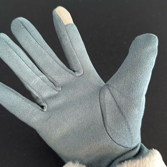Blue Warm Winter Touchscreen Gloves - Faux Suede & Faux Fur - Picture 7 of 7